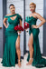 Mismatched Mermaid Emerald Green Satin Side Slit Long Bridesmaid Dresses , BGB0006