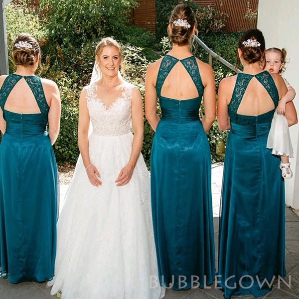A-line Dusty Blue Long Custom Lace Bridesmaid Dresses, BGB0091