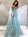Off Shoulder Dusty Blue Tulle Long Evening Prom Dresses, Custom A-line Prom Dresses, BGS0264