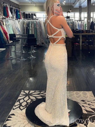 V-neck White Sequins Mermaid Long Evening Prom Dresses, Side Slit Sparkly Prom Dresses, BGS0281
