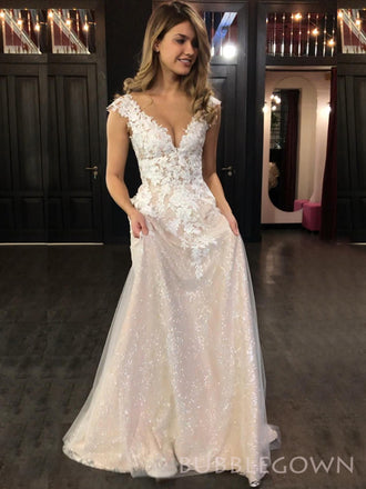 Sparkly Champagne Tulle Appliques Long Evening Prom Dresses, A-line V-neck Prom Dresses, BGS0282