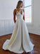 V-neck Ivory Satin A-line Long Wedding Dresses, BGS0353