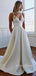 V-neck Ivory Satin A-line Long Wedding Dresses, BGS0353