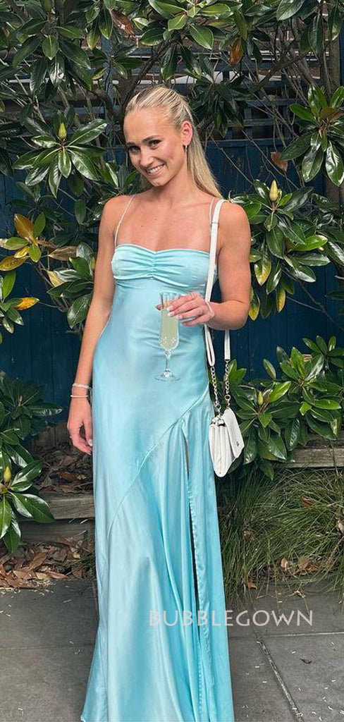 Simple Blue Satin Mermaid Side Slit Long Evening Prom Dresses, Spaghetti Straps Prom Dress, BGS0390