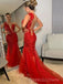 Red Tulle Appliques Mermaid Long Evening Prom Dresses, One Shoulder Prom Dress, BGS0411