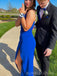 Royal Blue Mermaid V-neck Side Slit Long Prom Dresses, BGS0448
