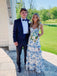 A-line Popular Straps Side Slit Blue Long Prom Dresses, BGS0464