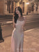 Simple Satin Ivory Side Slit Spaghetti Straps Long Prom Dresses, BGS0481