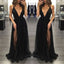 Black Deep V Neck Sexy Simple Side Split Long Party Prom Dresses, BG51514
