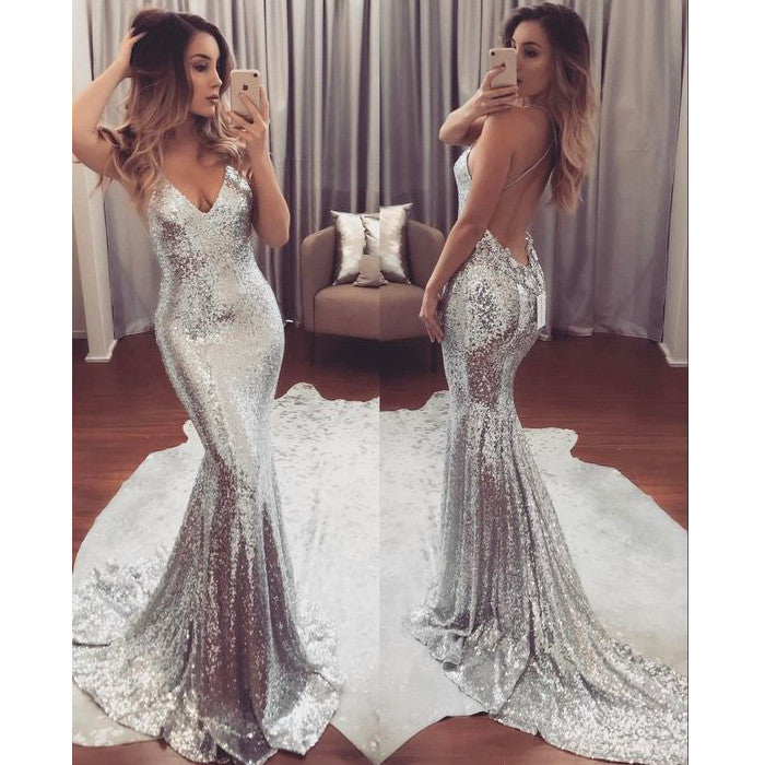 Silver Backless Cheap Sequin Sexy Sparkle Mermaid Long Prom Dresses, BG51547