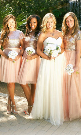 2 Pieces Short Sleeves Seuin Top Long/Short Tulle Wedding Bridesmaid Dresses, BG51559 - Bubble Gown