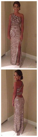One Shoulder Sequin Side Split Shinning Long Prom Dresses, BG51144