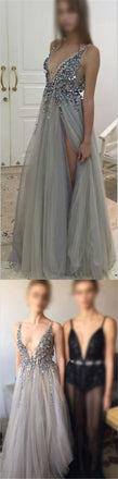 Deep V-Neck Side Split Sexy Evening Long Prom Dresses, BG51222 - Bubble Gown