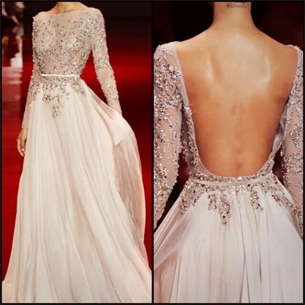 Long Sleeves Backless Evening Party Long Prom Dresses, BG51115 - Bubble Gown