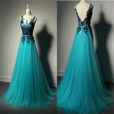 V-Back Black Apllique Inexpensive Evening Long Prom Dresses, BG51233
