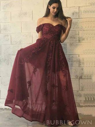 A-line Burgundy Tulle Appliques Long Evening Prom Dresses, Custom Off Shoulder Prom Dress, BGS0110