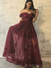 A-line Burgundy Tulle Appliques Long Evening Prom Dresses, Custom Off Shoulder Prom Dress, BGS0110