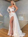 Mermaid Ivory Satin Sequins Long Sleeves Long Evening Prom Dresses, Custom High Slit Prom Dress, BGS0158
