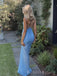 Mermaid Blue Spaghetti Straps Long Evening Prom Dresses, Custom Side Slit Prom Dress, BGS0225