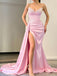 Pink Satin Beaded Strapless Mermaid Long Satin Evening Prom Dresses, Custom High Slit Prom Dresses, BGS1003