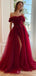 Off Shoulder Red Tulle A-line Long Evening Prom Dresses, Custom High Slit  Prom Dress, BGS0140