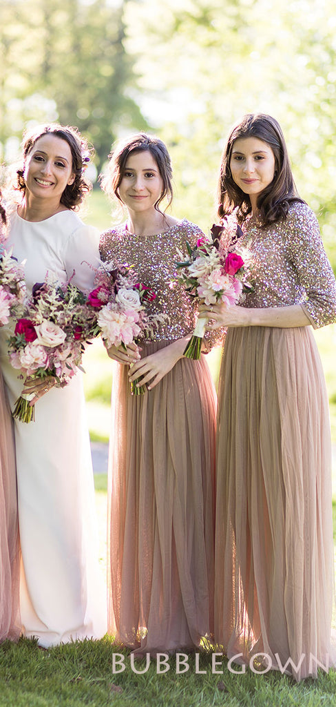 Sequin Half Sleeves A-line Tulle Long Bridesmaid Dresses , BN1036