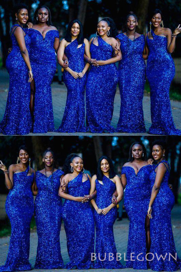 Blue Sequin Mermaid Long Bridesmaid Dresses, BN1102