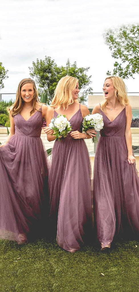 A-line Dusty Purple Tulle Spaghetti Straps Long Custom Bridesmaid Dresses , BN1304