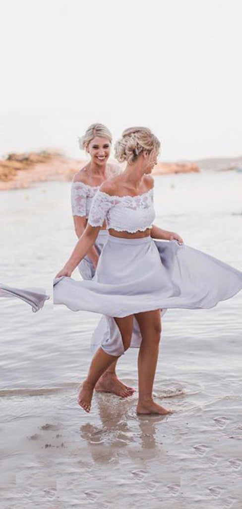 A-line Off Shoulder Two Pieces Short Custom Bridesmaid Dresses , BN1308