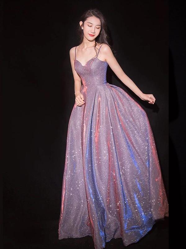 Sparkle  Spaghetti Strap Evening A-Line Long Prom Dresses, MR7007