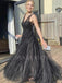 Sexy V-neck Tulle Floor Length A-line Black Long Evening Prom Dresses, MR7081