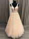 V-neck Tulle Floor Length Lace A-line Long Evening Prom Dresses, Cheap Prom Dress, MR7137