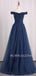 Off Shoulder Simple Navy Blue Cheap Long Evening Prom Dresses, , MR7190