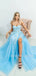 A-Line Tulle Side slit Blue Lace Long Evening Prom Dresses, Cheap Tulle Sweet Dresses, MR7256
