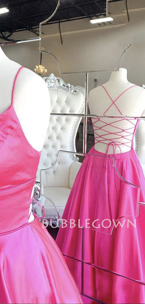 A-Line Fuchsia Satin Side Slit Deep V Neck Long Evening Prom Dresses, Cheap Custom Backless Prom Dresses, MR7261
