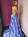 Blue Spaghetti Straps Side Slit  Backless Long Evening Prom Dresses, Cheap Custom Party Prom Dresses, MR7273