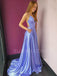 Blue Spaghetti Straps Side Slit  Backless Long Evening Prom Dresses, Cheap Custom Party Prom Dresses, MR7273