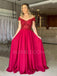 V Neck A-Line Off Shoulder Red Satin Long Evening Prom Dresses, MR7313