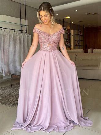 V Neck A-Line Off Shoulder Red Satin Long Evening Prom Dresses, MR7313