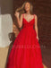 V neck Red Tulle Spaghetti Straps A-Line Long Evening Prom Dresses, MR7345