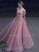 Dusty Pink Tulle Beaded A-Line Long Evening Prom Dresses, MR7381