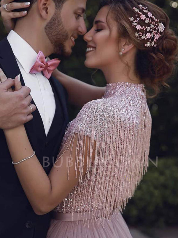 Dusty Pink Tulle Beaded A-Line Long Evening Prom Dresses, MR7381