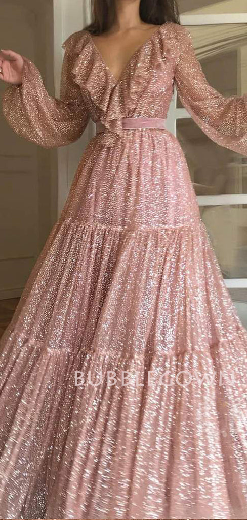 See Throuth Golden Long Sleeves V Neck Long Evening Prom Dresses, Cheap Custom Prom Dresses, MR7391