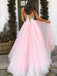 Pink Tulle A-Line Rhinestone Backless Long Evening Prom Dresses, Cheap Custom Prom Dresses, MR7393