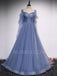 See Throuth A-line Sweetheart Dusty Blue Tulle Beaded Long Sleeves Formal Long Evening Prom Dresses, Cheap Custom Prom Dresses, MR7408