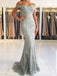Off Shoulder Grey Lace Mermaid Beaded Long Evening Prom Dresses, MR7445