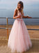 Pink Tulle See Throuth V Neck Appliques Lace A-line Long Evening Prom Dresses, Cheap Custom V Back Prom Dress, MR7466
