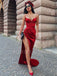 Spaghetti Straps Blue Satin Mermaid Side Slit Long Evening Prom Dresses, Cheap Custom Prom Dresses, MR7470