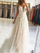 A-Line Deep V Neck Lace Beaded Long Evening Prom Dresses, Cheap Custom Prom Dresses, MR7480
