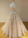 A-line Tulle Beaded Lace Long Appliques Evening Prom Dresses, Cheap Sweet Prom Dresses, MR7487